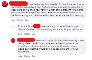 Disappointed customer’s comments on Facebook
