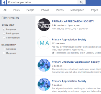 Facebook search results for Primark Appreciation